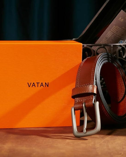 VATAN Men's Genuine Leather Casual Every Day Jeans Belts, Handmade Men Leather Belt with Gift Box