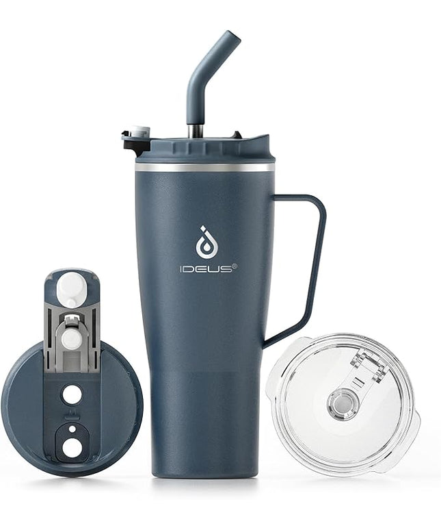 Ideus 32 oz Tumbler with Handle and Straw, Vacuum Insulated Stainless Steel Travel Mug, 100% Leakproof, Cup Holder Friendly, Navy Blue
