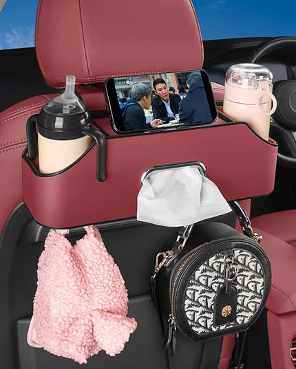Car Seat Back Organizer - Stylish & Functional Storage for Family Adventures - Cup Holders, Tissue Box & Hooks - Perfect for Kids, Road Trips & Travel (Red)