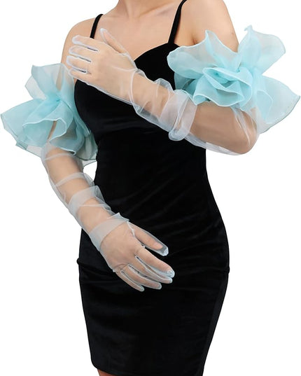 Super Puff Sheer Long Gloves Oversize Tulle Mesh Gloves for Cocktail Opera Party Glove Long Sleeve