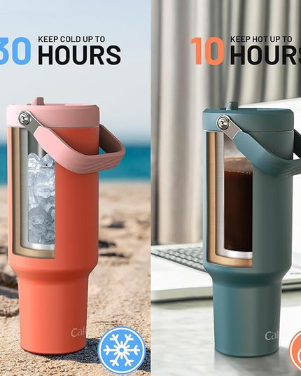50 oz Insulated Water Bottle, Stainless Steel Water Bottles with Flip Straw and Top Handle, Leak Proof Flip, No Sweat, Fits in Cup Holder, Vacuum Insulated Cup for Home, Office, Outdoors, Car