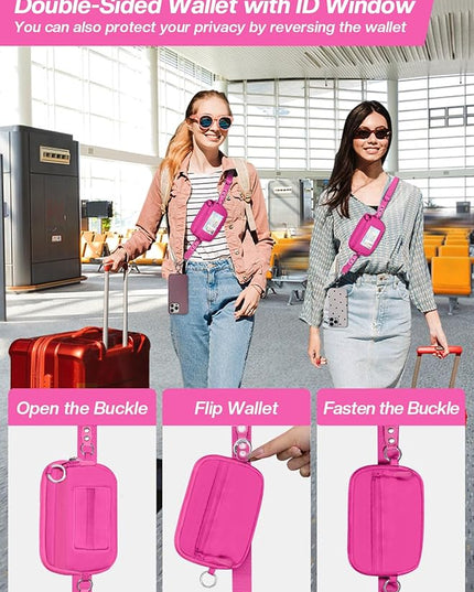 Clip and Go Strap for Phone with Wallet Crossbody Phone Lanyard Adjustable and Detachable RFID Wristlet Wallet with ID Window and Zipper, Hot Pink