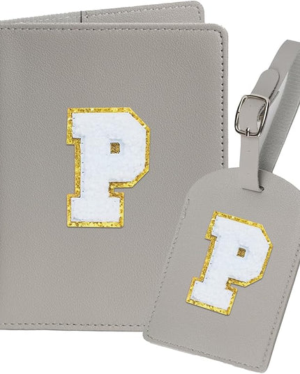Initial Passport Cover Holder and Luggage tag Set,PU Leather Passport Case Travel Suitcase Tag with Letter Patch, Personalized Travel Luggage Accessories Gifts for Women Grils Teenage Grey P