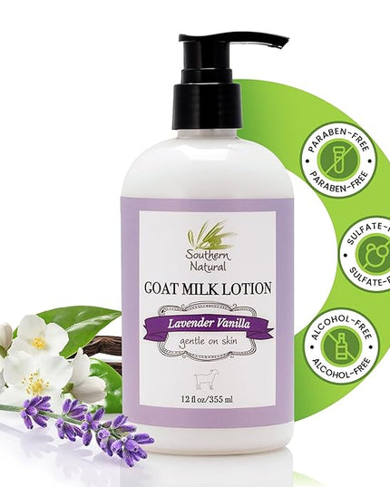 Southern Natural Goat Milk Lotion – Nourishing Face, Body & Hand Moisturizer for Dry & Sensitive Skin - Hydrating Cream, Gentle Skincare for Soft & Smooth Feel - Lavender Vanilla Scent - 12oz
