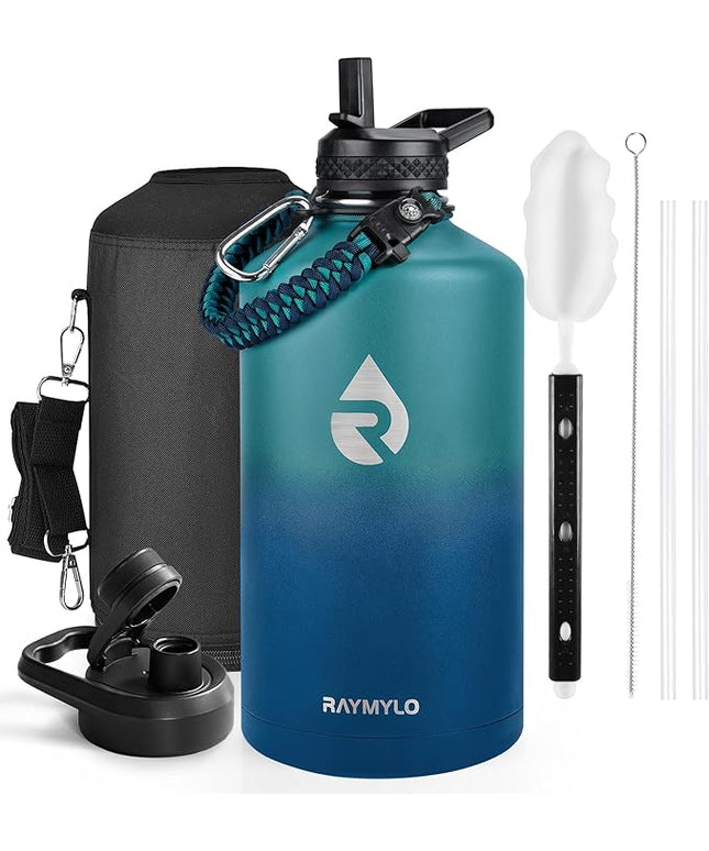 One Gallon Water Bottle Insulated, Triple Walled Vacuum Stainless Steel (Cold for 48 Hrs), Leak Proof & Non-BPA, Large Water Flask Jug with Paracord Handle & Straw Spout Lids