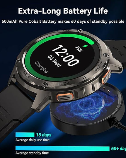AMAZTIM Smart Watches for Men,60 Days Extra-Long Battery, Rugged Military Bluetooth Call(Answer/Dial Calls),1.43" Ultra HD AMOLED Display,Full Metal Body SmartWatch Compatible iPhone and Android
