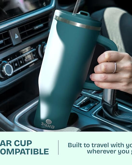 34HD 40 oz Stainless Steel Tumbler - Leakproof Insulated Water Bottle with Handle, Magnetic Lid and Flexible Straw - Iced for 48 Hours – Perfect for Men, Women, Birthday Gift, Green - Teal Mirage