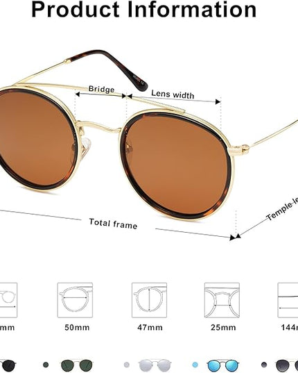 SOJOS Retro Vintage Round Polarized Sunglasses for Women Men Small Double Bridge Circle Sunnies SJ1104