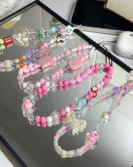 4 Pcs Phone Charms Cute Beaded Phone Pink Lanyard Wrist Strap Aesthetic Y2K Cellphone Wrist Strap Bow Butterfly Heart Star Flower for Camera Keychain Wallet Pendant Decor
