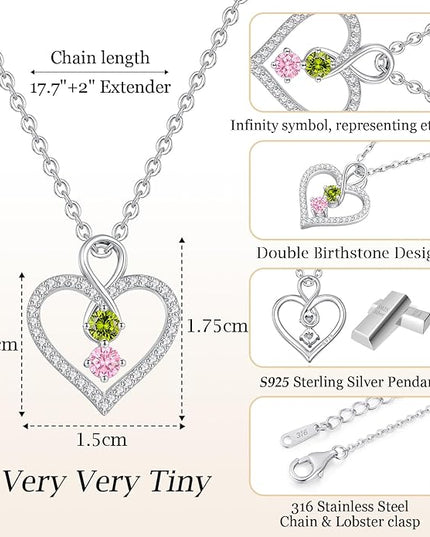 LOUISA SECRET Infinity Double Birthstone Necklace, 925 Sterling Silver Tiny Pendant Heart Necklace for Women Wife Her, Best Jewelry Gift Heart Jewelry Meaningful Gift for Valentine's Day, Christmas, Birthday Anniversary