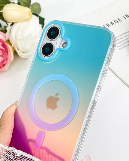 Aesthetic Case for iPhone 16 Case for Women Girls, Compatible with Magsafe, Cute Girly Trendy Glitter Sparkly Rainbow Magnetic Protective Phone Cover, Matte Iridescent Blue & Pink