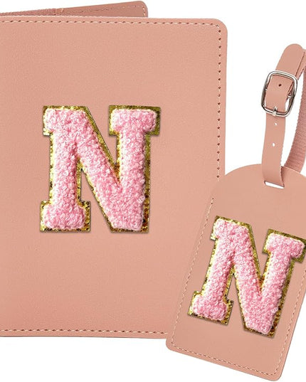 ULICO Initial Passport Cover and Luggage Tag Set,PU Leather Letter Passport Case Holder Travel Suitcase Tag, Personalized Travel Luggage Accessories Gifts for Women Kids Teenage Pink N