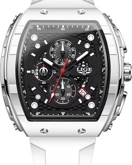 Mens Watches,Unique Rectangular Quartz Analog Watch,Outdoor Sports Multi-Function Watch,Chronograph/Waterproof/Luminous/Calendar,Durable Silicone Strap Mens Casual Watches