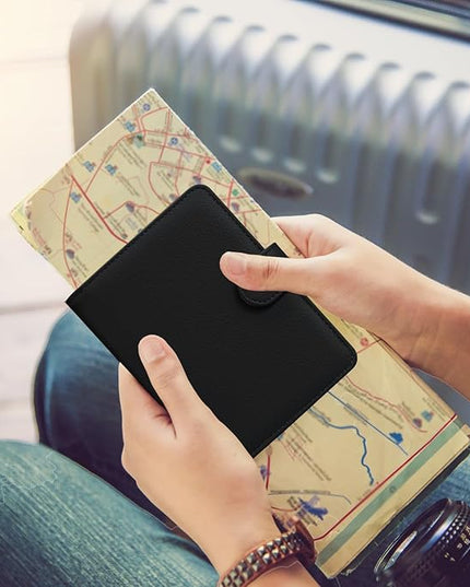 HOTCOOL Passport Holder Travel Essentials Airplane & Cruise Essentials Ship Leather Wallet Cover Case RFID Blocking Women & Men Vacation Travel Accessories Gifts Deals, Litchi - Black