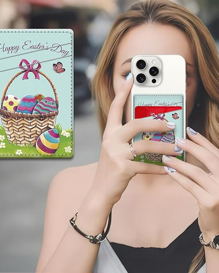 Phone Card Holder, Dual Pocket Leather Wallet Adhesive Stick On, Cute Credit Card Holder for Smartphones Case Compatible with Most Phone（Colored eggs）