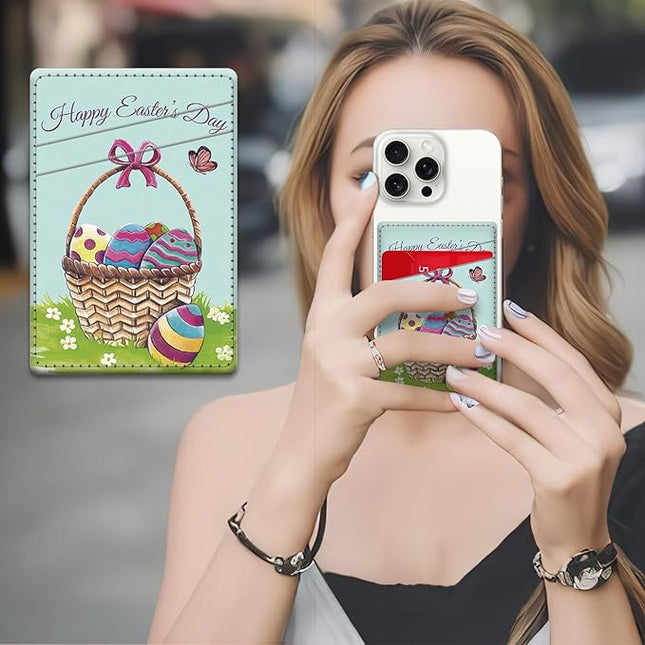 Phone Card Holder, Dual Pocket Leather Wallet Adhesive Stick On, Cute Credit Card Holder for Smartphones Case Compatible with Most Phone（Colored eggs）