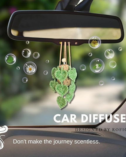 Handmade Crochet Hanging Car Air Freshener- Lifelike Green Pothos for Hanging with 12ml Thick Refillable Glass Diffuser Bottle, Suitable Decor for Car Rearview Mirror, Home & Wellness Spaces