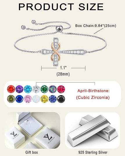 YL Cross Bracelet 925 Sterling Silver Infinity Sideways Link Bracelet Birthstone Jewelry for Women