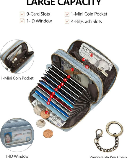 TFKGS Credit Card Holder for Women RFID Wallet Leather Womens Wallet with Zipper Blocking Keychain Card Accordion Wallets Gifts for Women Blue