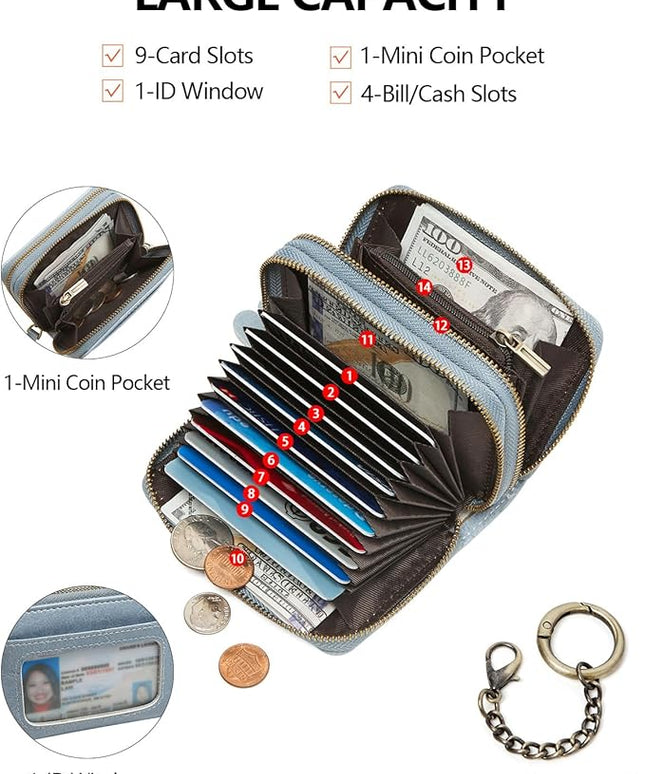 TFKGS Credit Card Holder for Women RFID Wallet Leather Womens Wallet with Zipper Blocking Keychain Card Accordion Wallets Gifts for Women Blue