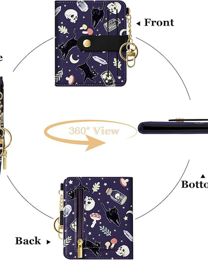 Sodsay Small Slim Wallet Women RFID Blocking, PU Leather Bifold Ladies Wallet with Zipper Coin Pocket, Thin Cute Travel Card Wallets for Girls, Black Cat Gothic