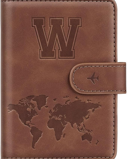 Passport Holder Wallet Cover Personalized Letter A-Z Travel Wallet RFID Blocking Passport Cover Wallet Case for Travel Passport Book Holders for Women and Men, Brown-W