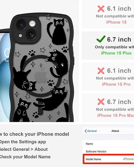 Cute Case for iPhone 15 Plus Case [Compatible with MagSafe] with Kawaii Black Cats Cat Print Pattern Design for Women Girls, Soft Wavy Edge Anti-Slip Animal Magnetic Protective Phone Cover