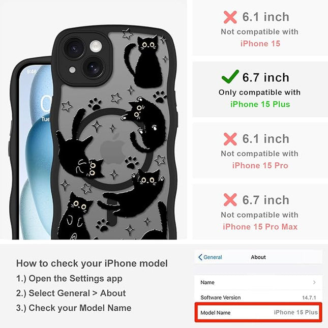 Cute Case for iPhone 15 Plus Case [Compatible with MagSafe] with Kawaii Black Cats Cat Print Pattern Design for Women Girls, Soft Wavy Edge Anti-Slip Animal Magnetic Protective Phone Cover