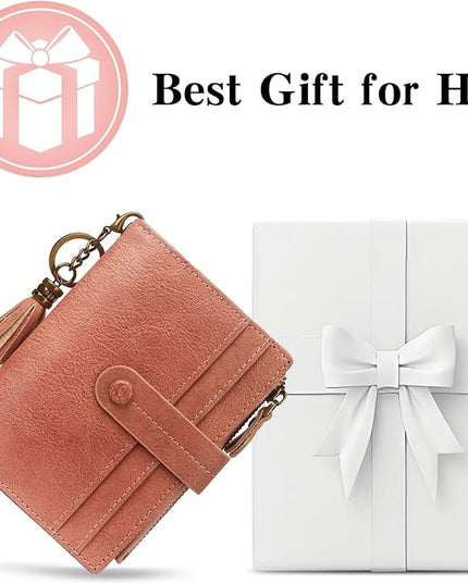 Blucoay Leather Wallet Women,RFID Blocking Small Wallets for Women Bifold Compact Card Holder With Zipper Coin Pocket ID Window Pink