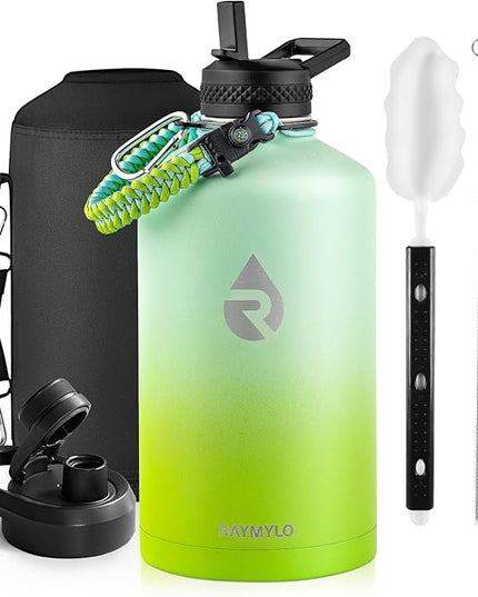 One Gallon Water Bottle Insulated, Triple Walled Vacuum Stainless Steel (Cold for 48 Hrs), Leak Proof & Non-BPA, Large Water Flask Jug with Paracord Handle & Straw Spout Lids