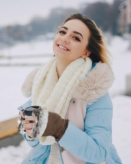 SATINIOR Women Fur Fingerless Gloves Winter Rabbit Fur Lined Half Finger Mittens for Women Girls Teen Working Writing