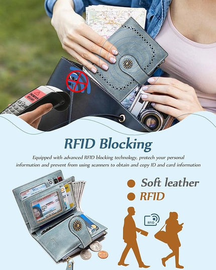 TFKGS Small RFID Blocking Wallet for Women - Leather Slim Bifold Compact Credit Card Holder With ID Window and Zipper Coin Pocket - Blue Birthday