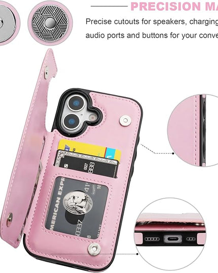 ONETOP Compatible with iPhone 17 Wallet Case with Card Holder, PU Leather Kickstand Card Slots Case, Double Magnetic Clasp and Durable Shockproof Cover 6.1 Inch (Pink)