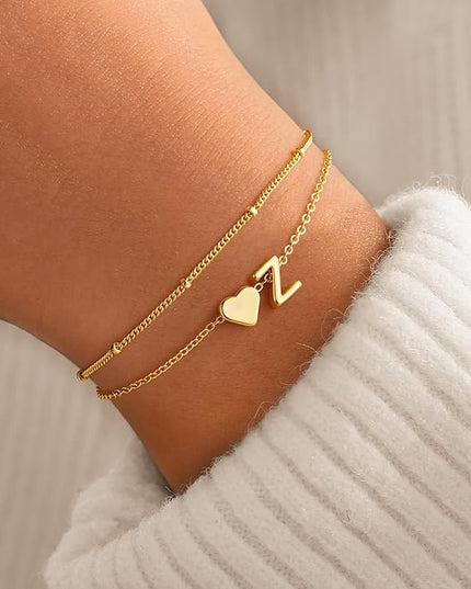 M MOOHAM Valentines Day Gifts for Kids Teen Girls -14K-Gold-Plated Heart Initial A-Z Bracelets for Women Girl Dainty Gold Bracelets Birthday Valentines Gifts for Women Her Teenage Girls Kid Teen Gift