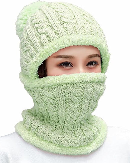 HUAMULAN Women Winter Beanie Hats One Piece Fleece Lined Knit Balaclavas Mask Set Skull Neck Circle Scarf Ski Snow Hat Pompom