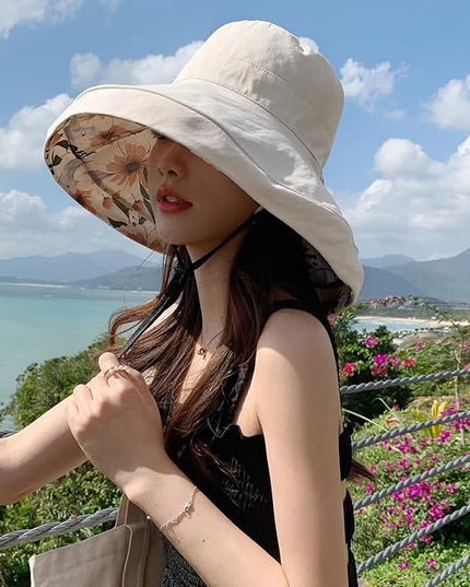 HUAMULAN Women Summer Sun Hat Wide Brim Wired Edge Floral Beach Bucket Hats Reversible Foldable Travel UV Protection Lady Hat