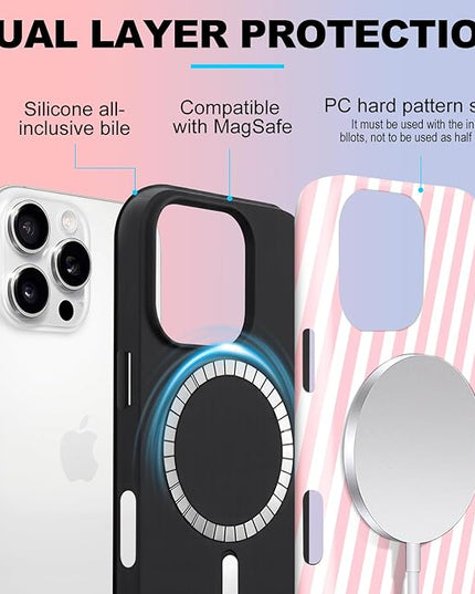 Magnetic for iPhone 16 Pro Max Case Cute Diagonal Stripes Phone Case, Shockproof Slim TPU and Hard PC Protective Phone Cover Compatible with MagSafe Designed for Women Girls,Pink
