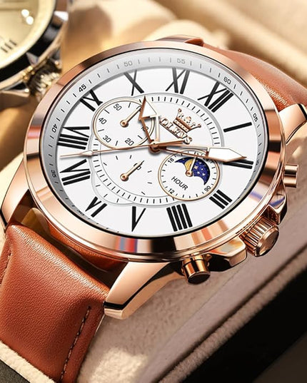 OLEVS Men's Watches Leather Strap Analog Quartz Watch, Fashion Big Dial Date Waterproof Watch, Dress Luxury Luminous Men Watches