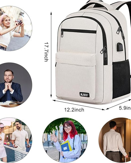 School Backpack for Teen Girls, Laptop Backpack 15.6 Inch with USB Charging Port, Sturdy Beige College Bookbag
