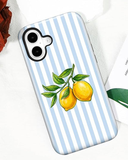 Magnetic for iPhone 17 Case Cute Lemon Stripes Phone Case, Shockproof Slim TPU and Hard PC Protective Phone Cover Compatible with MagSafe Designed for Women Girls, Blue