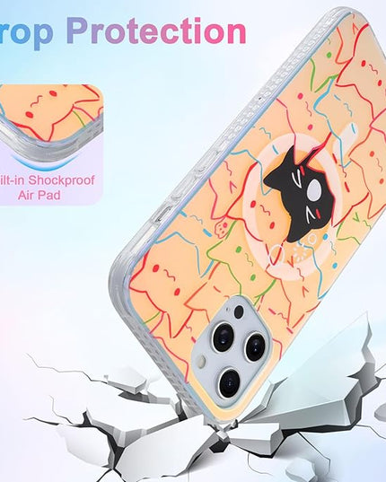 Cute Case for iPhone 12 & 12 Pro Case for Women Girls Boys [ Compatible with Magsafe ] Iridescent and Black Cats Cat Pattern Design, Kawaii Colorful Animal Soft Protective Phone Cover