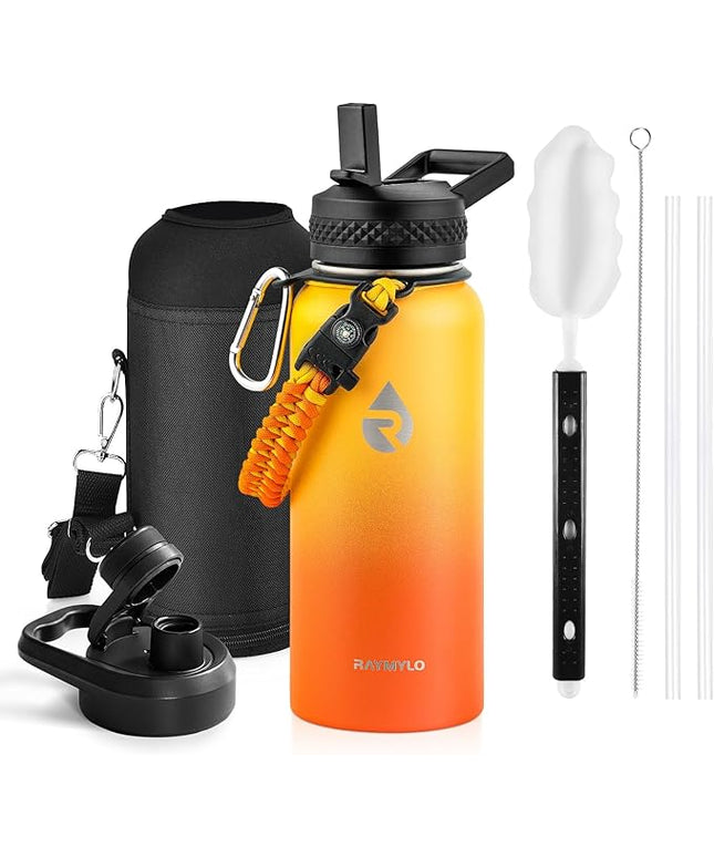 Insulated Water Bottle 32 oz, Triple Wall Vacuum Stainless Steel (Cold for 48 Hrs), Leak Proof & Non-BPA, Modern Water Flask Jug with Paracord Handle & Straw Spout Lids, Ombre Orange
