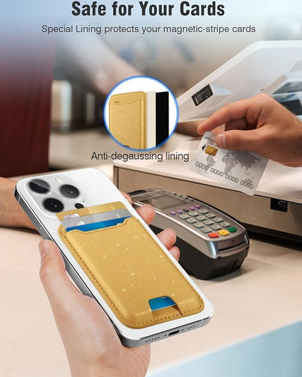 TopMade for Magsafe Wallet, Sparkle Magnetic Card Holder for iPhone 17, 16, 15, 14, 13, 12 Series, Leather RFID Blocking, Fit 4 Cards, Glitter Yellow