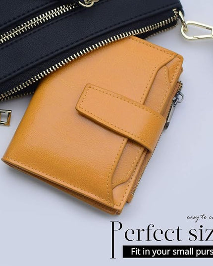 Bveyzi Women's Small Leather RFID Blocking Bifold Zipper Pocket Wallet Ladies Credit Card Slots Purse with id Window