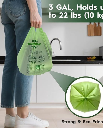 2.6-3 Gallon Compostable Trash Bags with Handles 80 Count 0.67 Mil 11.36 L Small Kitchen Wet Food Scrap Waste Compost Bag for Countertop Bin ASTM D6400 US BPI and OK Compost Home Certified