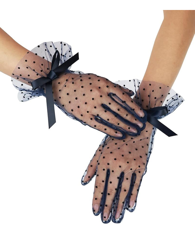 Women's Short Lace Gloves with Bow Ruffles Lace Tea Party Gloves for Wedding Costume Evening Dinner Party