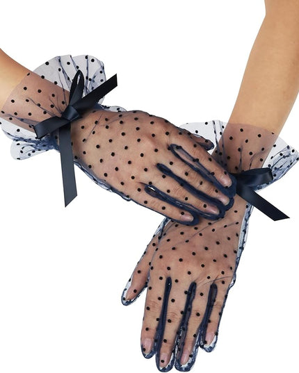 Women's Short Lace Gloves with Bow Ruffles Lace Tea Party Gloves for Wedding Costume Evening Dinner Party