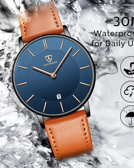 L LAVAREDO Watch for Men, Extremely Thin Mens Watches Minimalist Analog Men's Leather Wrist Watches with Time/Date, Birthday Gift for Men Boyfriend