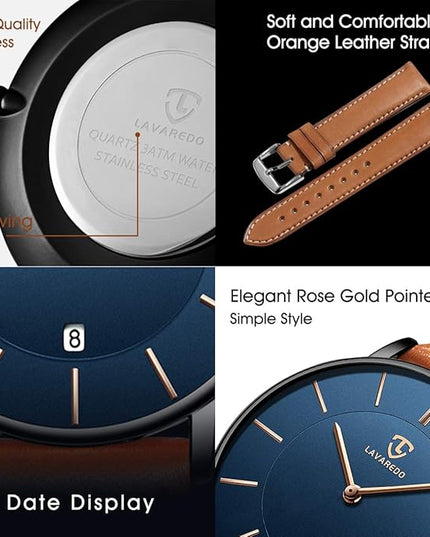 L LAVAREDO Watch for Men, Extremely Thin Mens Watches Minimalist Analog Men's Leather Wrist Watches with Time/Date, Birthday Gift for Men Boyfriend
