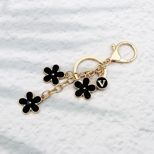 Cute Initial Letter Keyring for Women Girls Nice Flower Keychains for Handbag Backpack